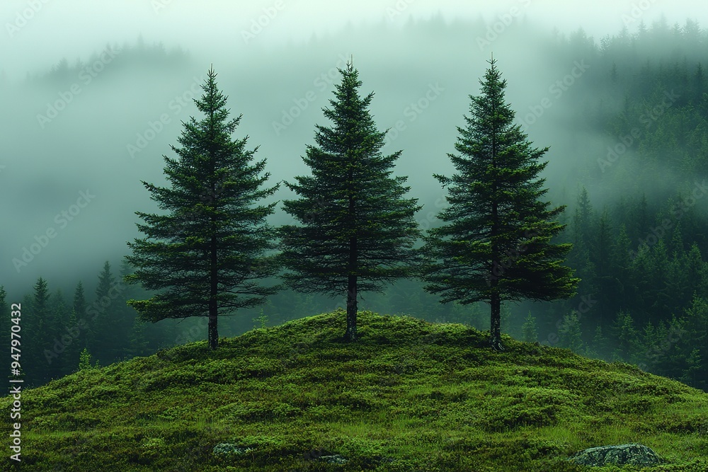Fototapeta premium Three trees are standing on a hillside in a foggy forest