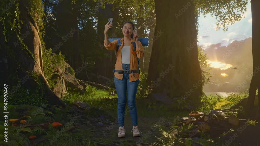 Full Body Of Asian Female Hiker With Mountaineering Backpack While Taking A Selfie While Exploring Forest Nature Full Body Of Asian Female Hiker With Mountaineering Backpack While Taking A Selfie While Exploring Forest Nature