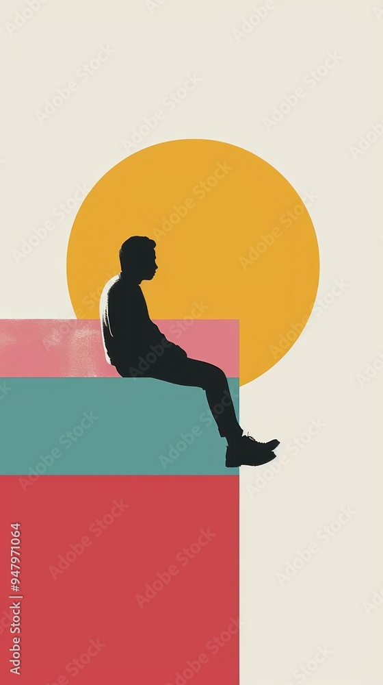 Silhouette of a person sitting on a platform with a yellow sun in the background. Silhouette of a person sitting on a platform with a yellow sun in the background.