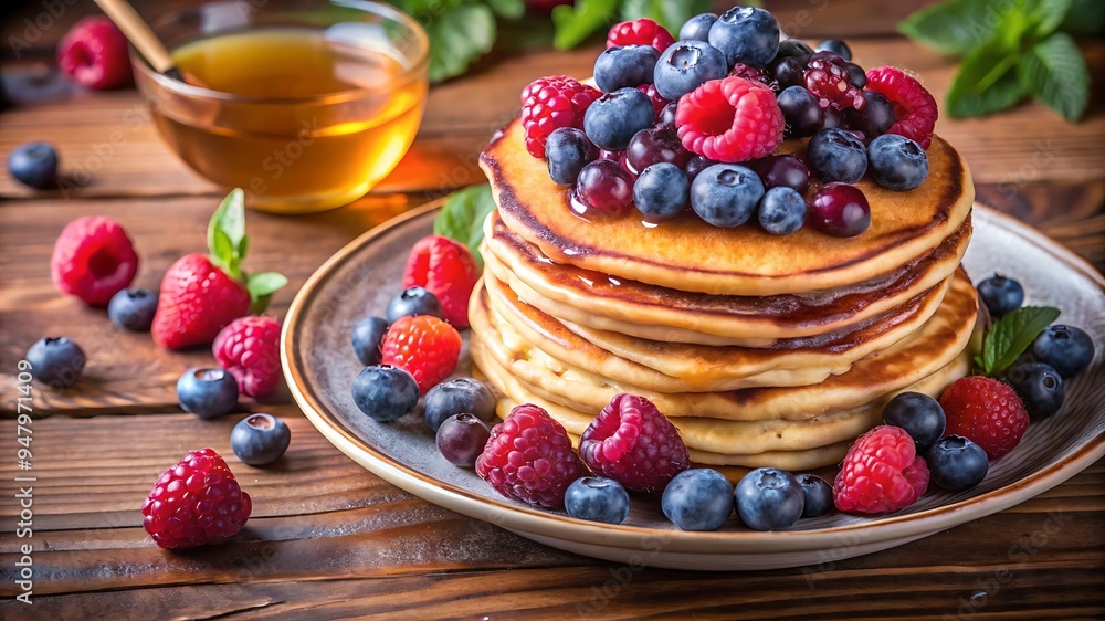 Homemade American Pancakes With Fresh Blueberry
