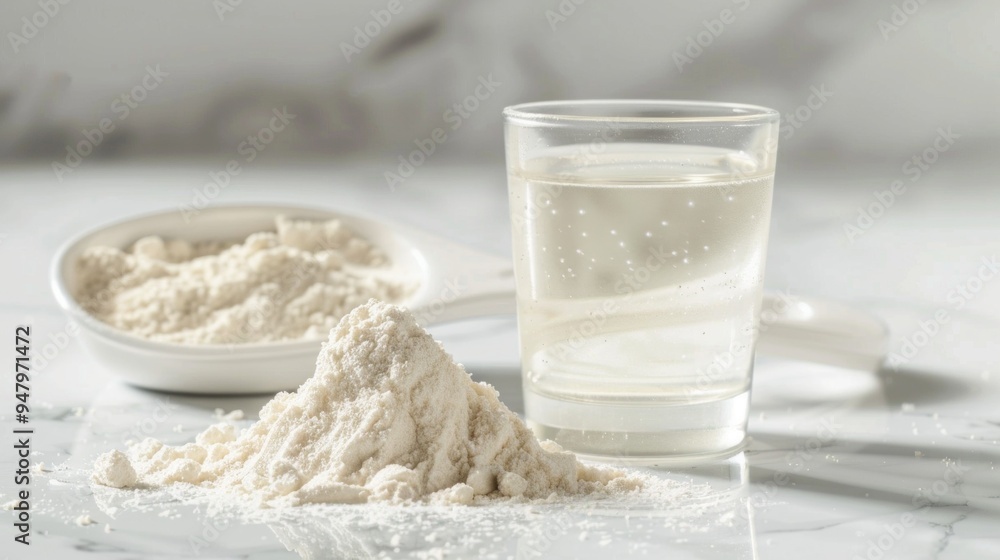 A glass of water sits next to a measuring cup of white powder A glass of water sits next to a measuring cup of white powder