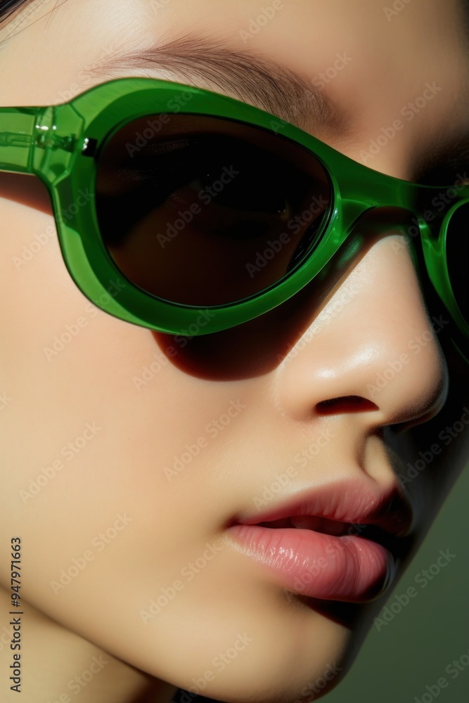 Asian woman wearing green sunglasses. Asian woman wearing green sunglasses.