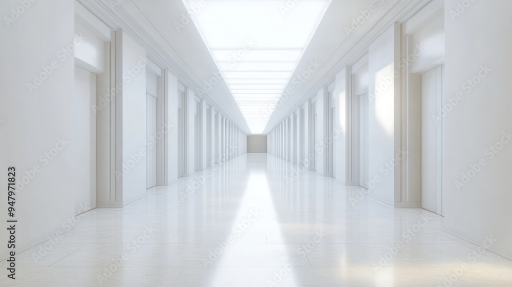A White Corridor With a Glass Ceiling and Doors on Either Side A White Corridor With a Glass Ceiling and Doors on Either Side