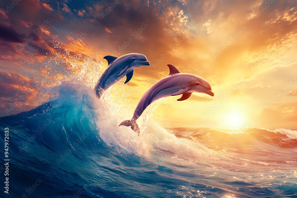 Fototapeta premium Dolphins Leap Through Waves at Sunset, Golden Hour Beauty in Ocean