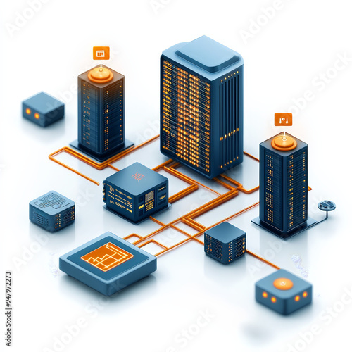 3D illustration of a digital data center network showing interconnected servers, data storage units, and data flows representing cloud computing and data management.
