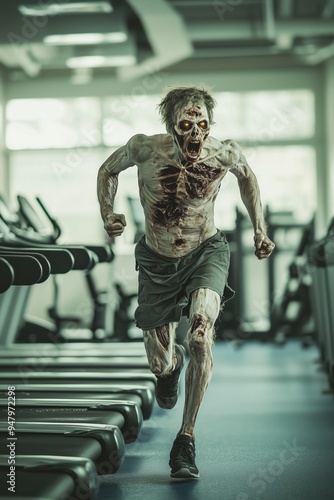 Zombie Fitness: Undead Jogger in Gym - Spooky Workout Stock Photo