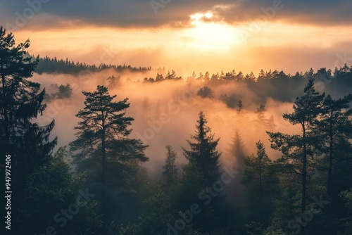 Misty forest sunrise landscape