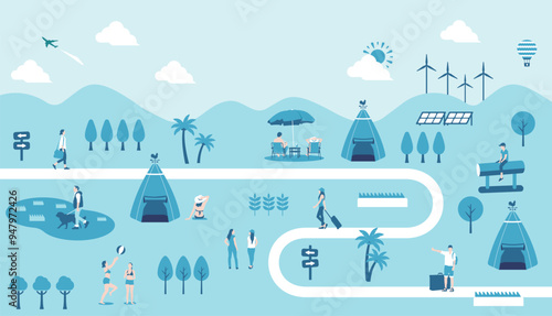 Horizontal banner illustration with outdoor and vacation motifs