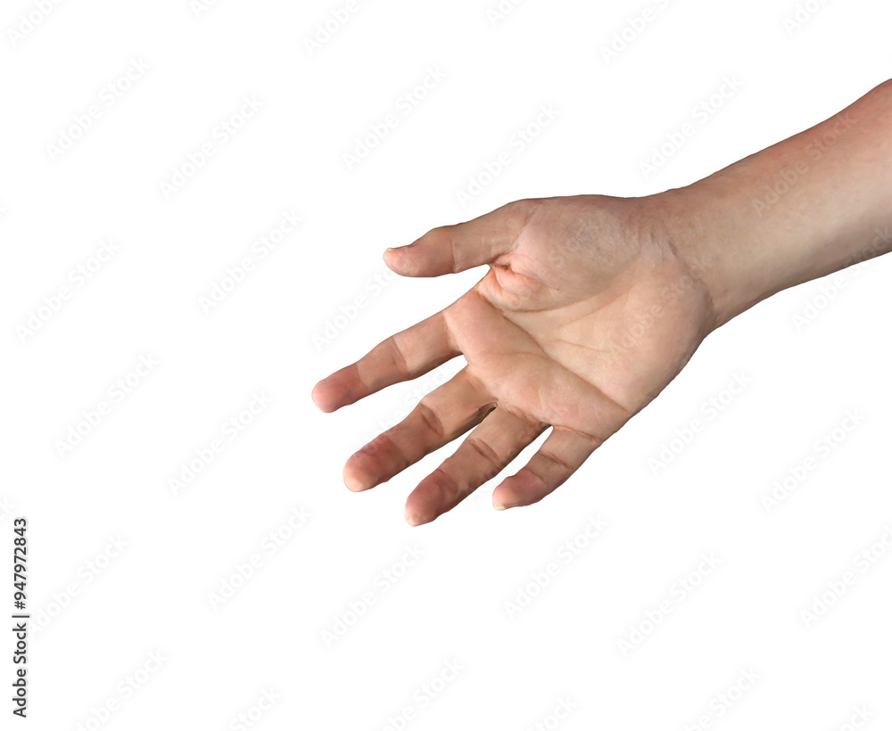 Close-up of an outstretched human hand with an open palm, isolated on a white background.