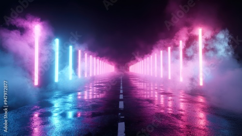 Wallpaper Mural Neon Lights Illuminating a Foggy Roadway Torontodigital.ca