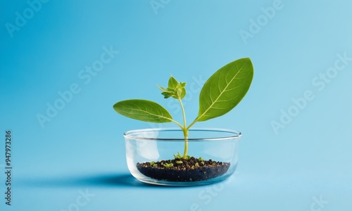 Green plant growing in a clear glass bowl against a blue background