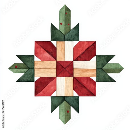 Colorful quilt block design featuring traditional patterns in red, green, and cream shades, perfect for textile projects.
