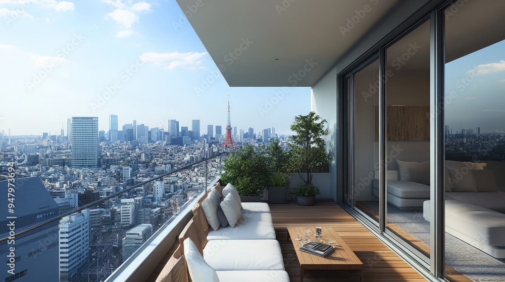 Fototapeta premium Tokyo apartment balcony with minimalist outdoor furniture, offering a view of the city skyline.
