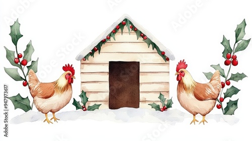 Charming watercolor illustration of two hens beside a rustic chicken coop adorned with festive holly and berries.