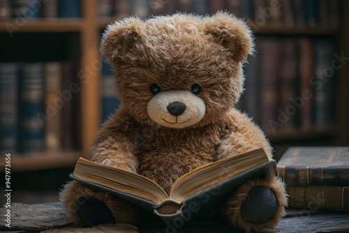 Teddy Bear Reading in Enchanted Library Setting.