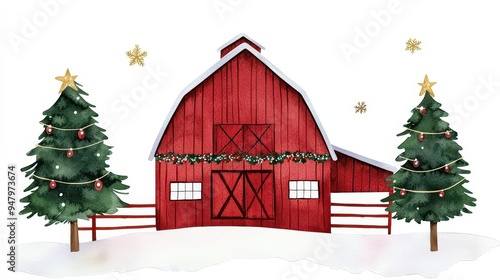 A festive red barn surrounded by decorated Christmas trees, creating a charming winter holiday scene.
