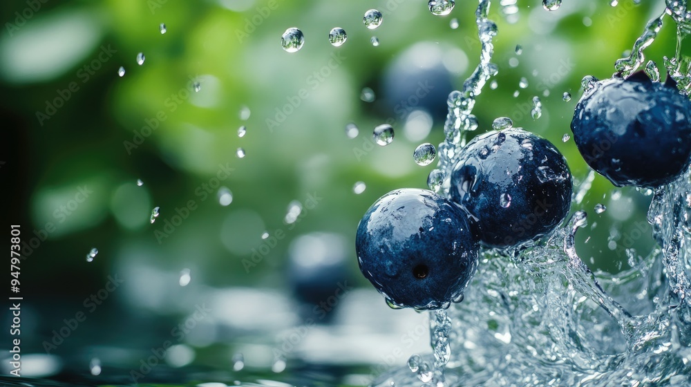 Blueberry falling water splash mockup, depth of field, green background Blueberry falling water splash mockup, depth of field, green background