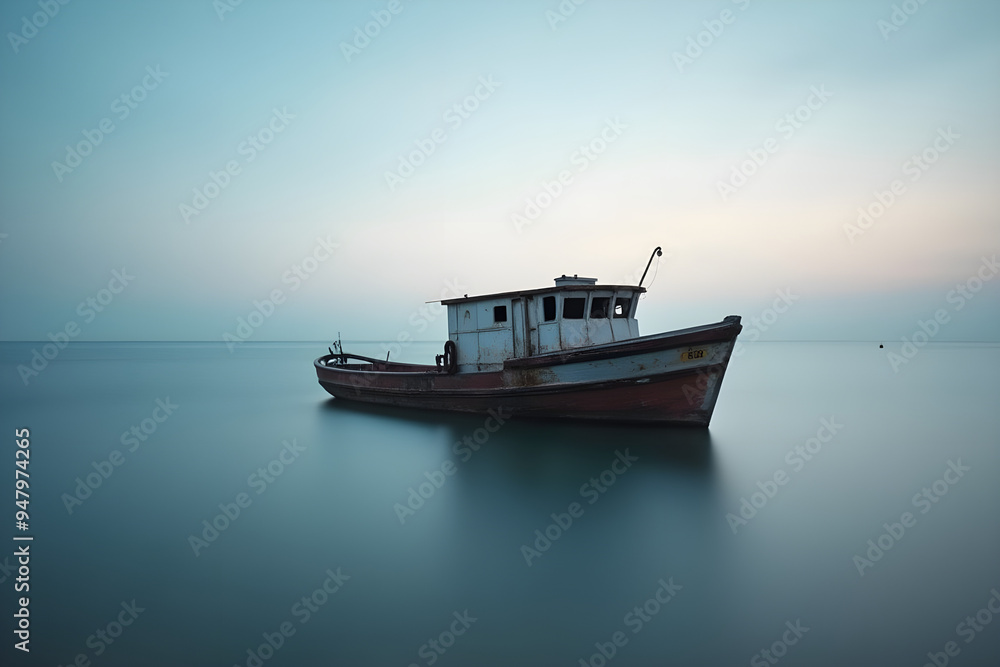 a lonely boat in the ocean, a minimalistic photo made with a long exposure a lonely boat in the ocean, a minimalistic photo made with a long exposure