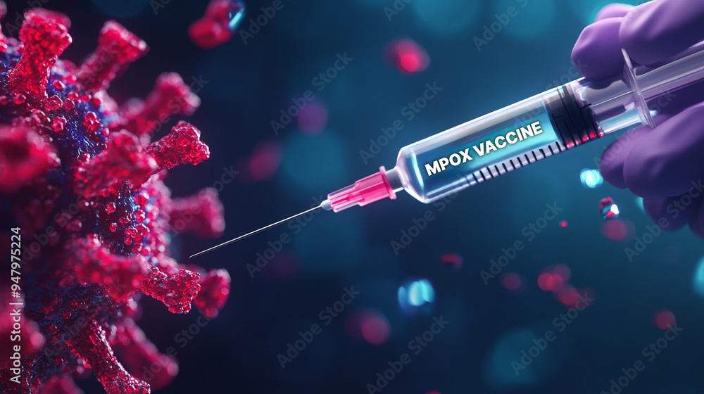 Monkeypox Virus Concept, Close-Up of Vaccine Injection and Virus Background Monkeypox Virus Concept, Close-Up of Vaccine Injection and Virus Background