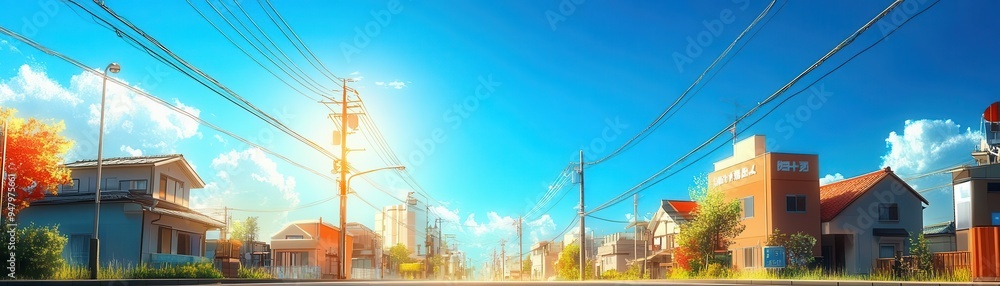 Suburban neighborhood under a clear blue sky, idyllic anime background, peaceful day Suburban neighborhood under a clear blue sky, idyllic anime background, peaceful day