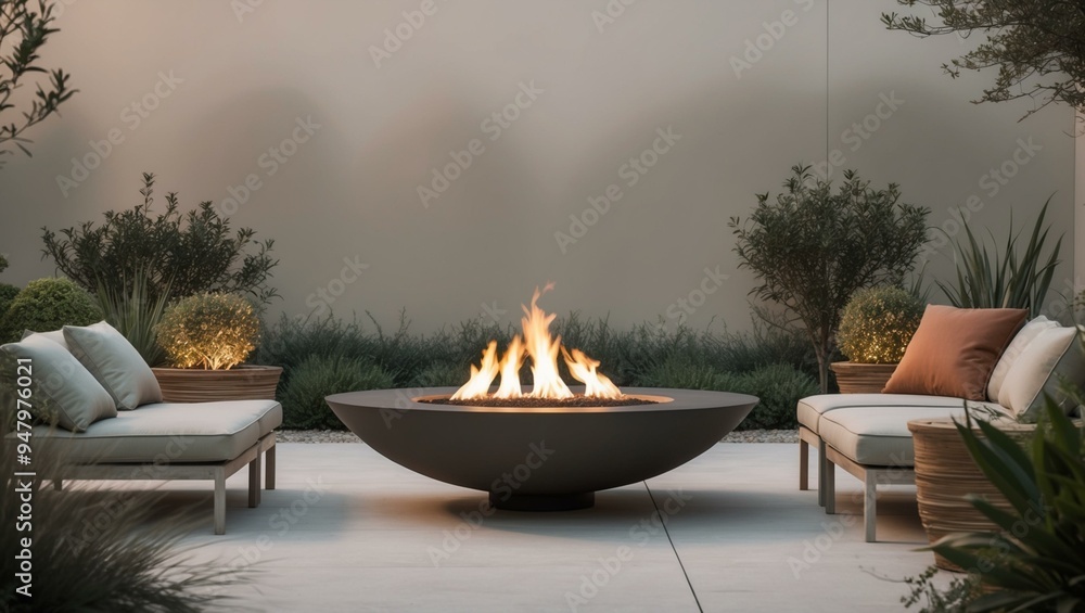 Contemporary patio features a central fire pit with surrounding cushioned seating and lush greenery. Contemporary patio features a central fire pit with surrounding cushioned seating and lush greenery.