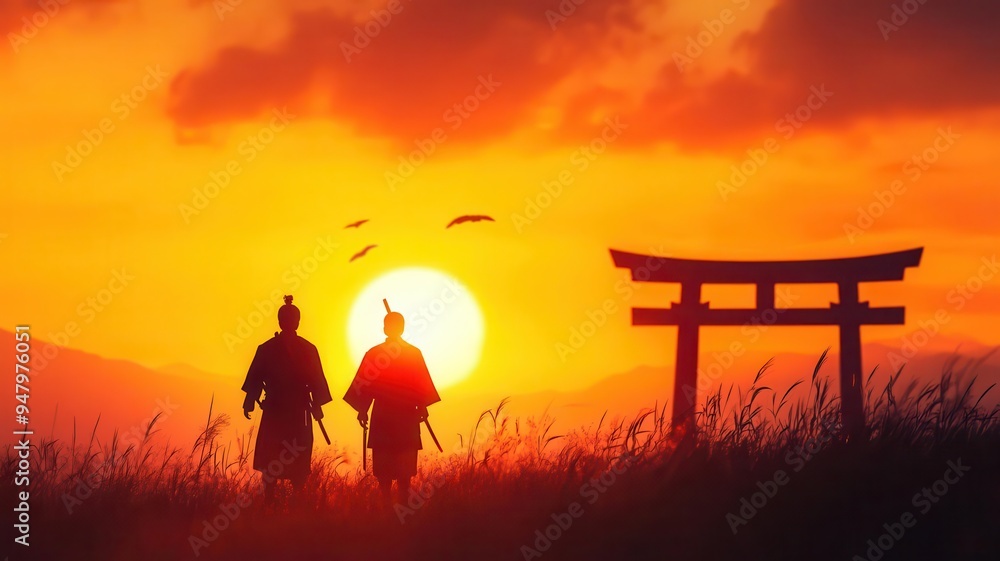 Fototapeta premium Ancient samurai training grounds at sunrise, historical anime background, warrior's haven