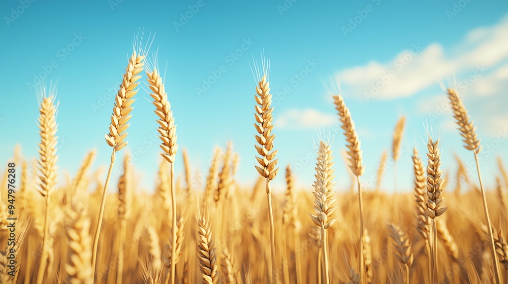 Organic wheat field, golden ears swaying in the wind, 3D illustration Organic wheat field, golden ears swaying in the wind, 3D illustration