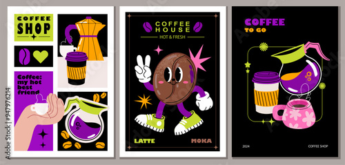 Retro coffee posters in groovy psychedelic acid style. Retro coffee bean character, cup, coffee pot, kettle, paper cup. Perfect for coffee shop adds design.