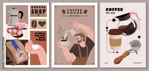 Coffee posters. Kettles, , barista character, arabica coffee, cup, espresso, cappuccino, beans. Doodle minimalist flat clip art. Perfect for coffee shop adds design.