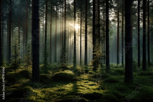 Sunlit forest with dense trees