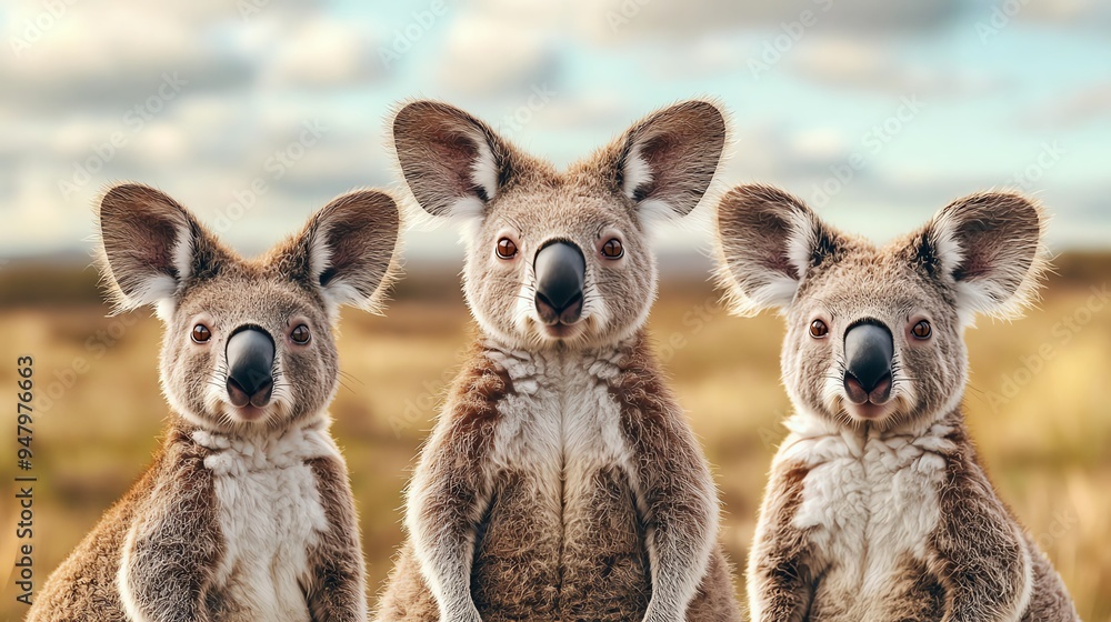Australian animals, kangaroos and koalas, outback setting, 3D illustration Australian animals, kangaroos and koalas, outback setting, 3D illustration