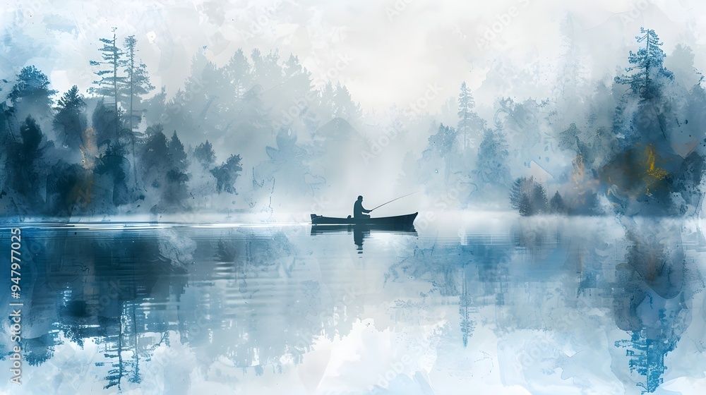 A tranquil fisherman alone on a foggy lake, soft watercolor strokes depicting the misty morning atmosphere, the calm waters reflecting the serene scene A tranquil fisherman alone on a foggy lake, soft watercolor strokes depicting the misty morning atmosphere, the calm waters reflecting the serene scene