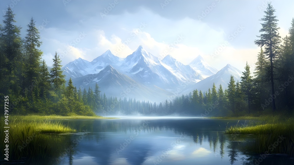 A calm lake reflecting towering mountains and lush trees, rendered in oil painting style, with intricate hand brushstrokes capturing every detail of the serene landscape. A calm lake reflecting towering mountains and lush trees, rendered in oil painting style, with intricate hand brushstrokes capturing every detail of the serene landscape.
