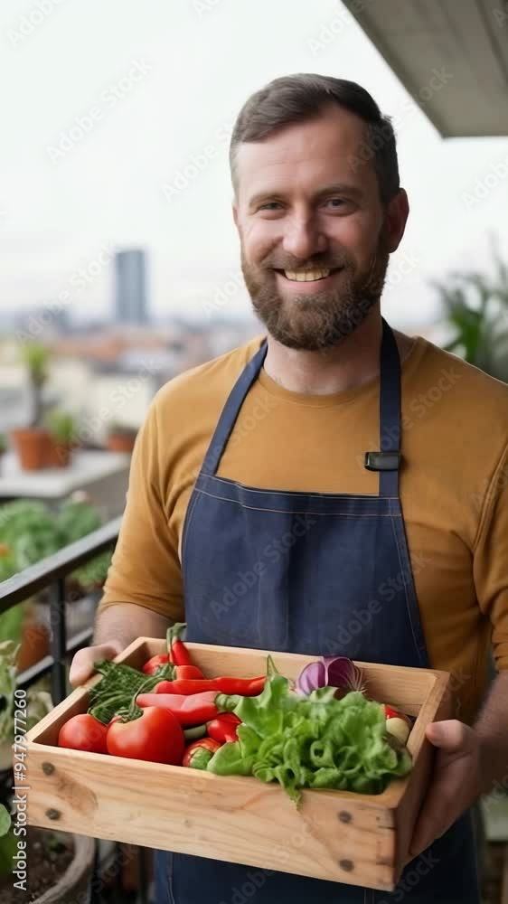 A man is holding a basket of vegetables and smiling. He is wearing a yellow shirt and blue apron. A man is holding a basket of vegetables and smiling. He is wearing a yellow shirt and blue apron.