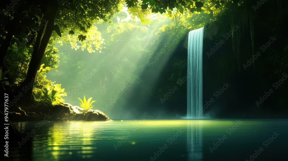 Obraz premium Majestic waterfall cascading into a serene lake, natural anime background, tranquil paradise