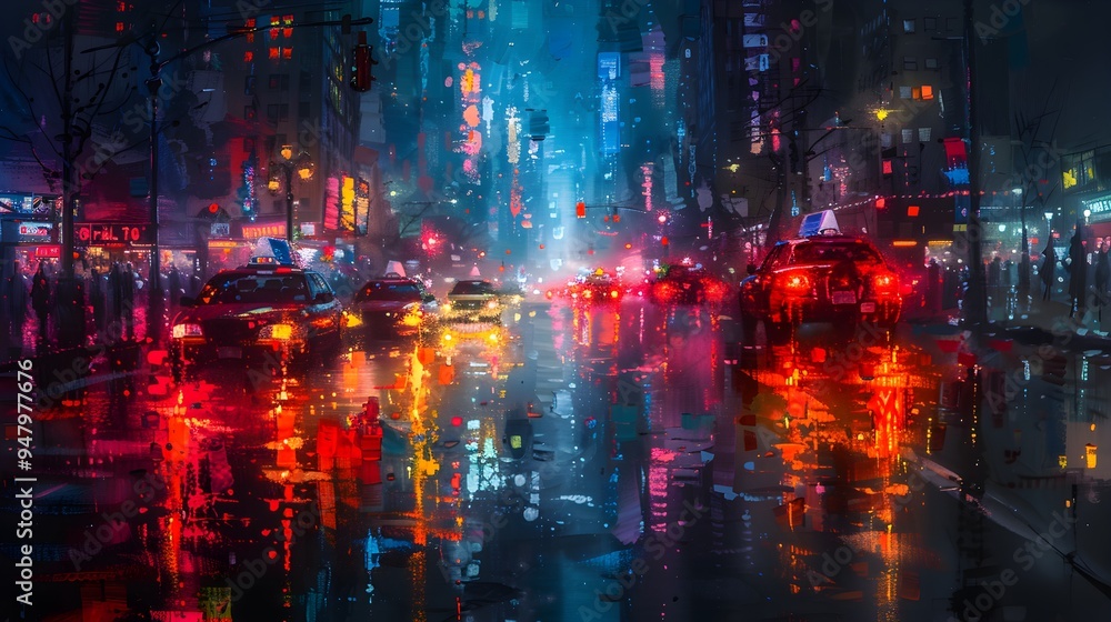 A nighttime city scene with vibrant colors and reflections of lights in the wet pavement, created with fluid brushwork and an impressionistic approach to capture the energy of the night A nighttime city scene with vibrant colors and reflections of lights in the wet pavement, created with fluid brushwork and an impressionistic approach to capture the energy of the night