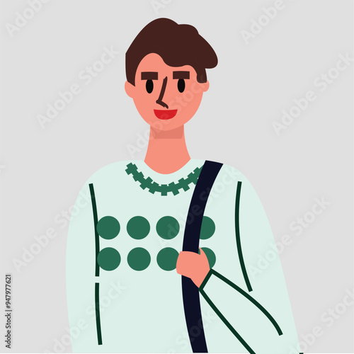 Vector illustration of handsome young man with one hand holding the strap of the bag