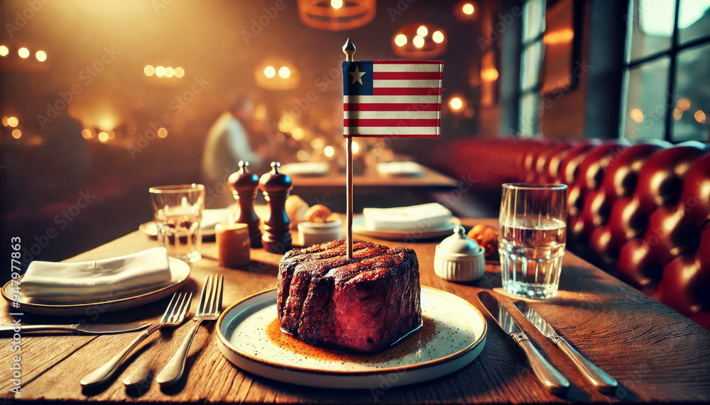 An upscale restaurant table featuring a tender steak, garnished with rosemary and an Liberia flag, set against a cozy, candlelit backdrop An upscale restaurant table featuring a tender steak, garnished with rosemary and an Liberia flag, set against a cozy, candlelit backdrop