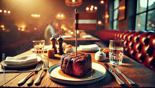 Fototapeta Naklejka Na Ścianę i Meble -  An upscale restaurant table featuring a tender steak, garnished with rosemary and an Latvia flag, set against a cozy, candlelit backdrop