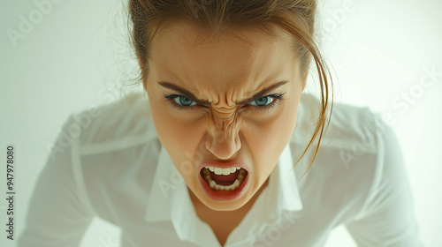 An female office worker shouting, showing anger and frustration, isolated on a white background photo