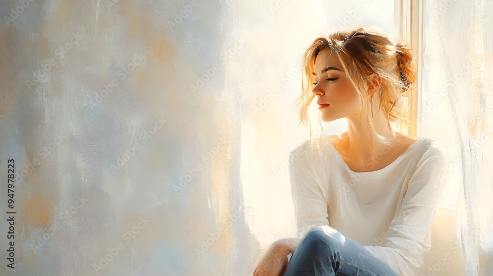 Calm woman in morning light, sitting beside a window, oil painting effect, flowing brushstrokes, warm and soft color palette, peaceful ambiance Calm woman in morning light, sitting beside a window, oil painting effect, flowing brushstrokes, warm and soft color palette, peaceful ambiance
