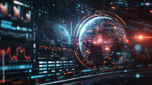 Sophisticated digital infographic, elegant globe with premium graphs and data visualizations, high-end global finance
