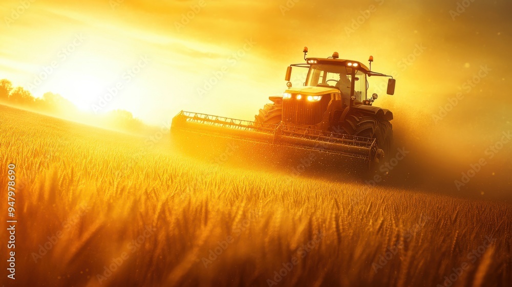 Fototapeta premium Realistic photograph of a large tractor harvesting wheat at sunset, with dusty golden fields and warm light highlighting the machinery. Harvesting