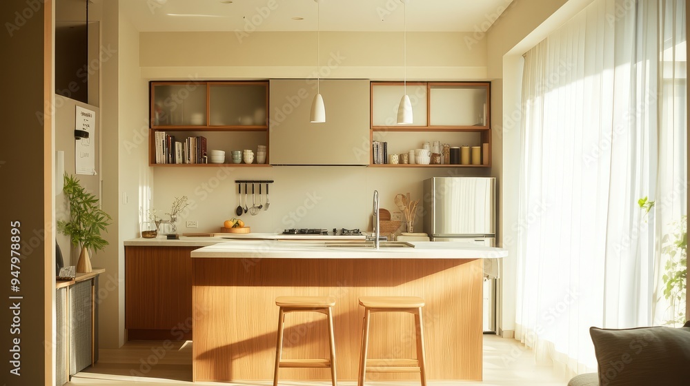 A bright and stylish Tokyo apartment kitchen, with modern cabinets, a compact island, and natural lighting. A bright and stylish Tokyo apartment kitchen, with modern cabinets, a compact island, and natural lighting.