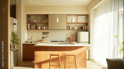 A bright and stylish Tokyo apartment kitchen, with modern cabinets, a compact island, and natural lighting.