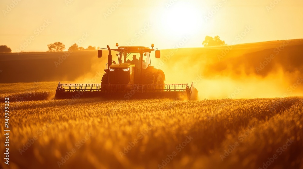 Fototapeta premium Tractor harvesting wheat in dusty fields, with sunset light creating a warm glow, captured in sharp focus in a realistic photograph. Harvesting