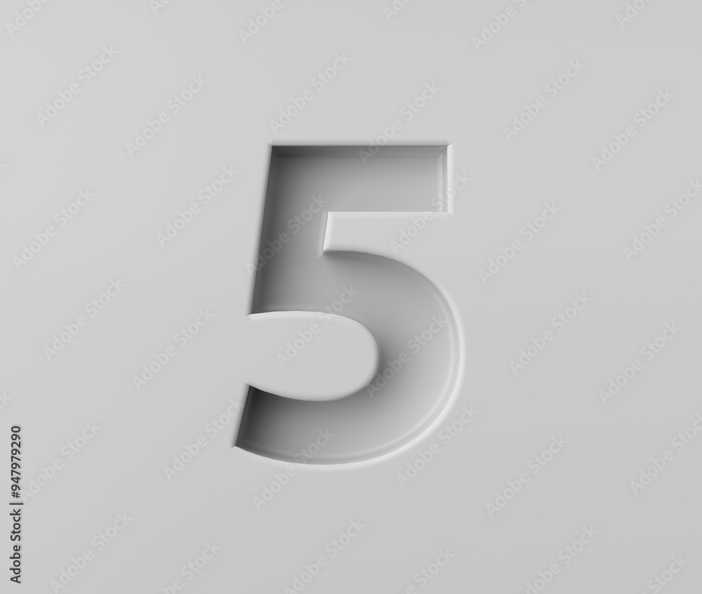 Sleek White Number 5 Five With A Subtle Shadow Embossed Into Grey Background 3D Illustration Sleek White Number 5 Five With A Subtle Shadow Embossed Into Grey Background 3D Illustration