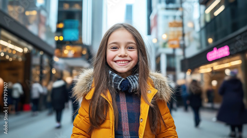 A smiling young girl in a yellow coat with a fur hood and a scarf standing in a busy urban street with people and buildings in the background.