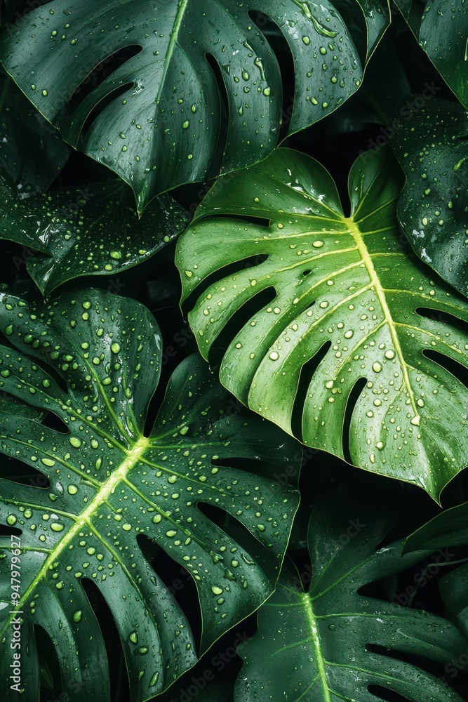 Close-Up of Lush Green Monstera Leaves with Water Droplets in a Tropical Environment Close-Up of Lush Green Monstera Leaves with Water Droplets in a Tropical Environment