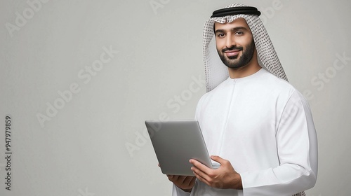 Arab businessman using a laptop isolated background